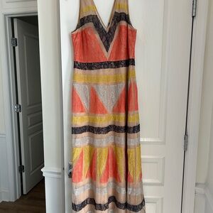 Pink and Orange Sleeveless V-Neck Maxi Sundress